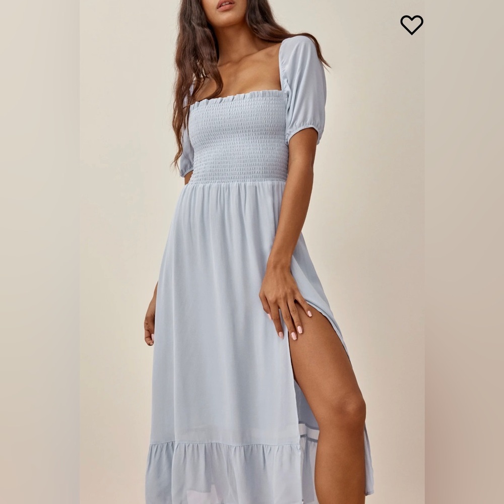 NEW Reformation Meadow Puff Sleeve Midi Dress in Mineral Blue | size S - Picture 3 of 14